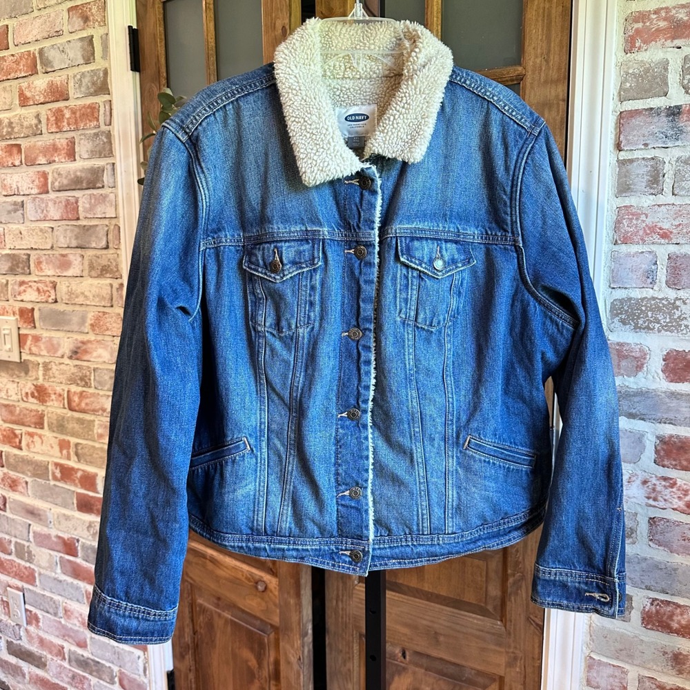 Old Navy Denim Jacket Women Blue Sherpa Lined Trucker Heavyweight Classic XXL